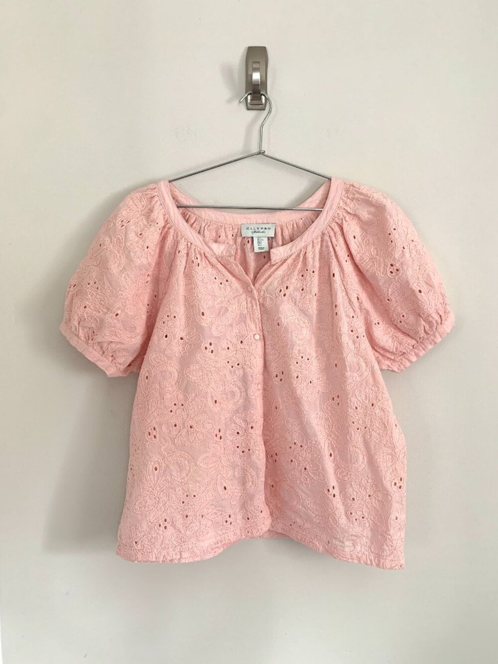 Calypso St Barth Pink 100% Cotton Boho Eyelet Embroidered Puff Sleeve Blouse Top